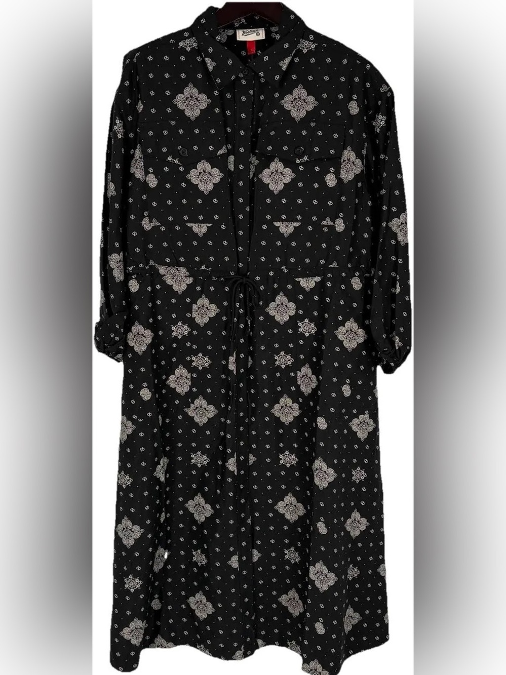 Woolrich x Target Black Floral/paisley Print Shirt Dress with Waist Tie